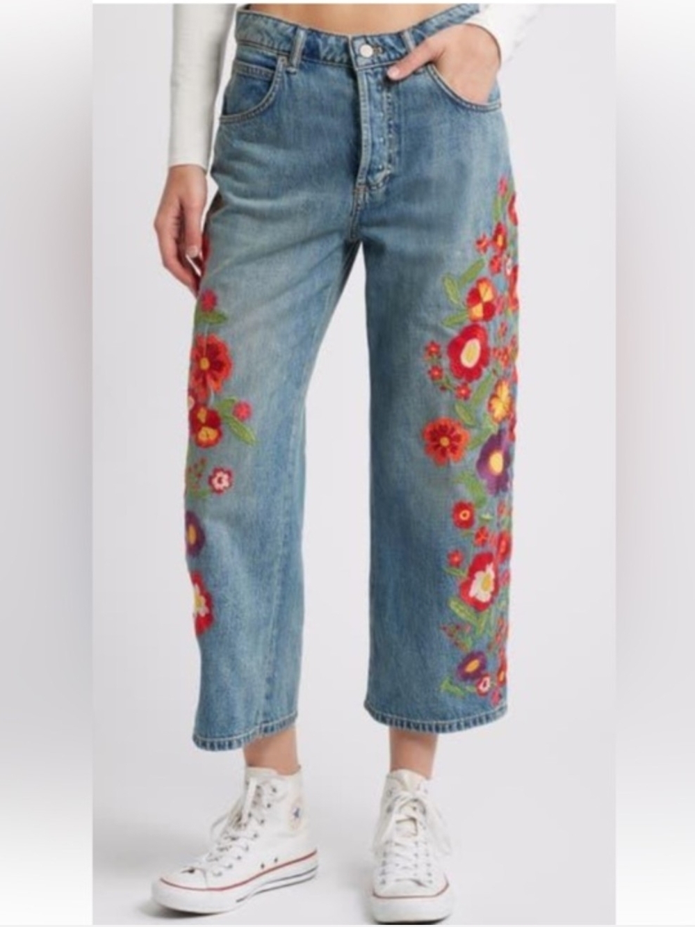We The Free Willow Embroidered Floral Straight-Leg Blue Jeans NWOT